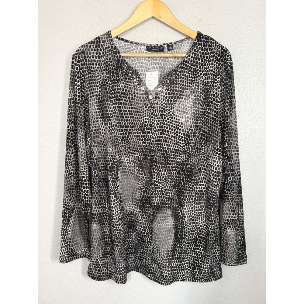 NWT‎ Susan Graver Artisan Blouse 1X Gray Black Embellished Gems Liquid Knit Top